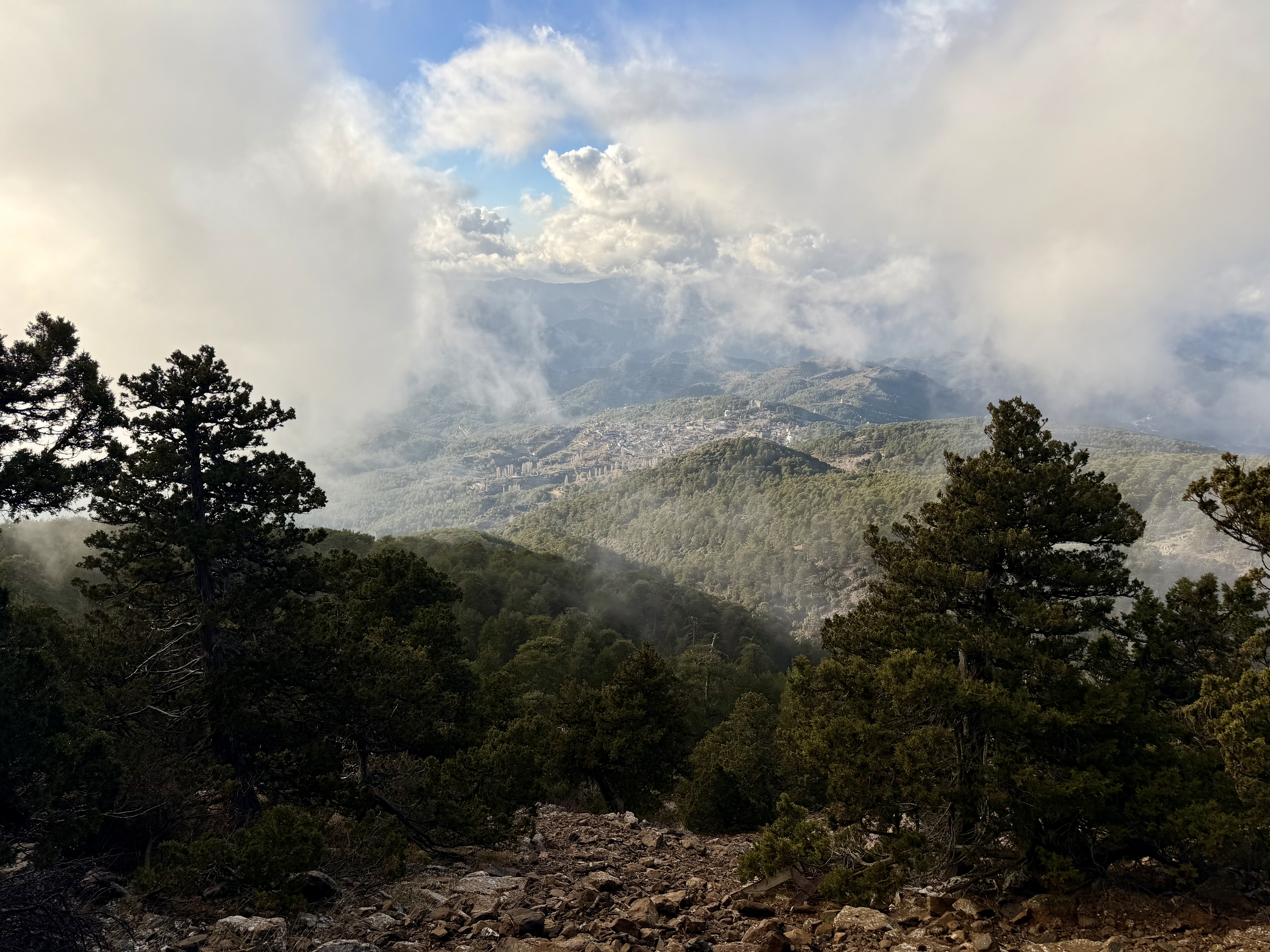 Misty mountain view over a Troodos village