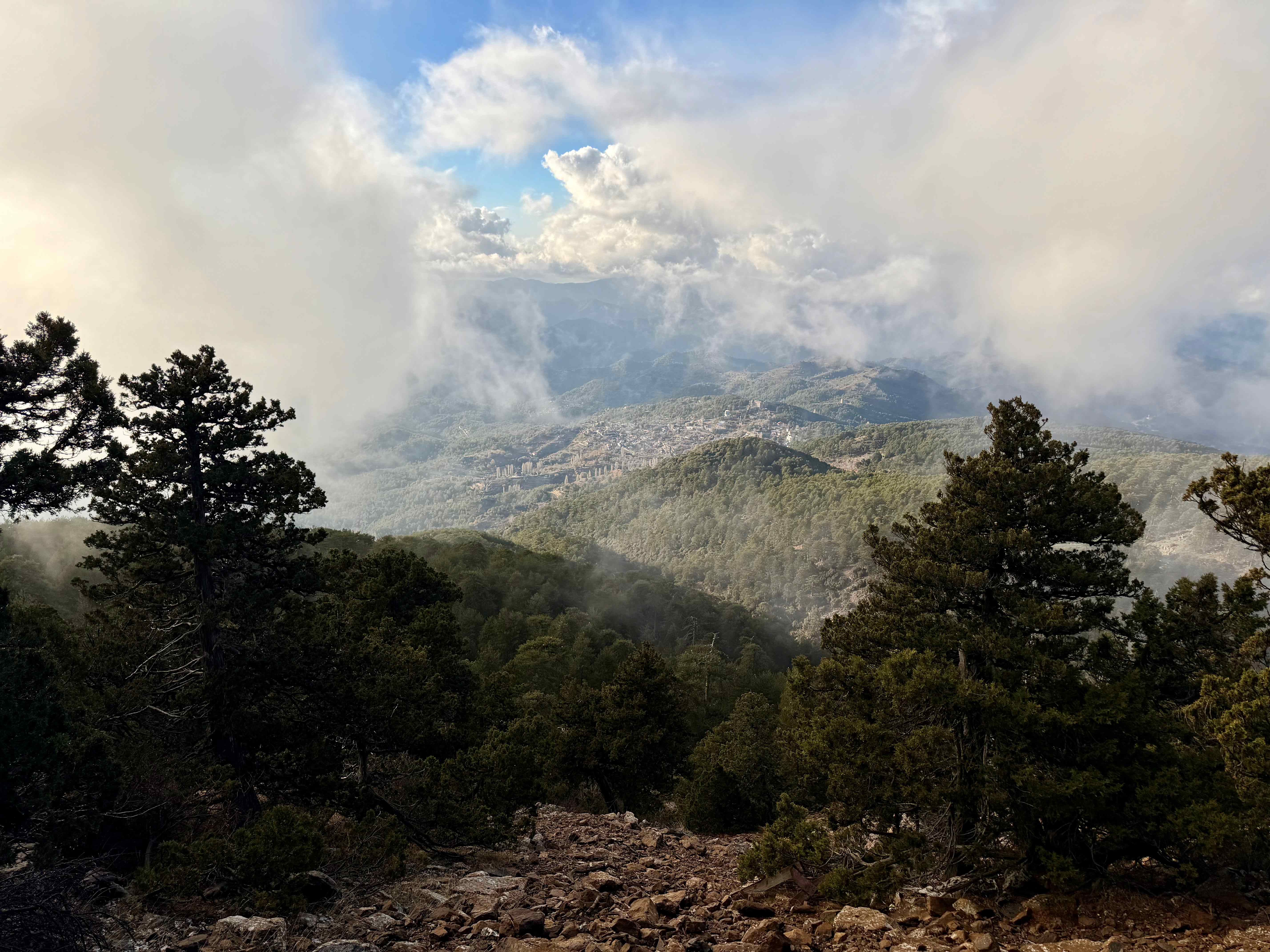Misty mountain view over a Troodos village